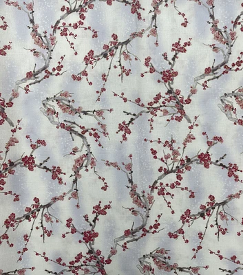 Cherry Blossoms on Light Blue Metallic Premium Cotton Fabric