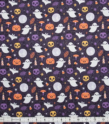 Happy Ghosts And Pumpkins On Black Halloween Cotton Fabric