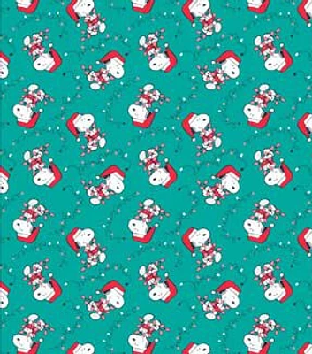 Peanuts Snoopy Sparkle Light on Green Christmas Cotton Fabric