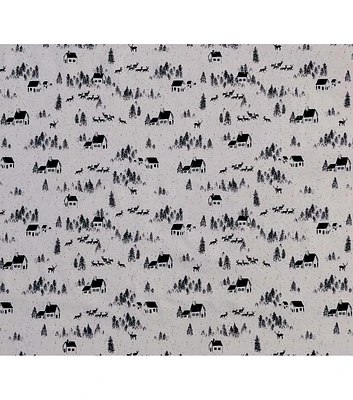 Pine Lodge on White Christmas Cotton Fabric