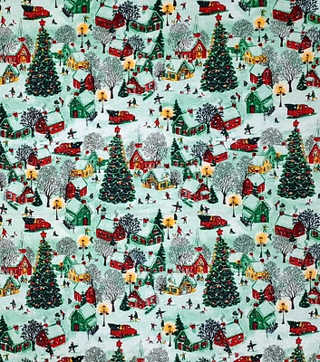 Christmas Town on Blue Glitter Christmas Cotton Fabric