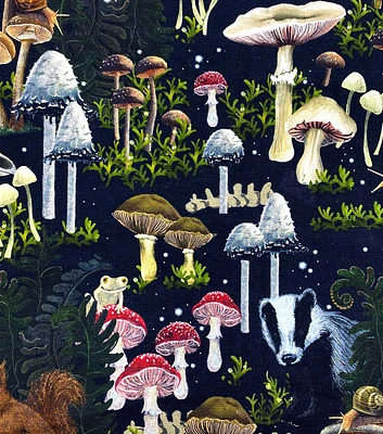 Mystical Mushroom Garden on Dark Blue Cotton Canvas Fabric