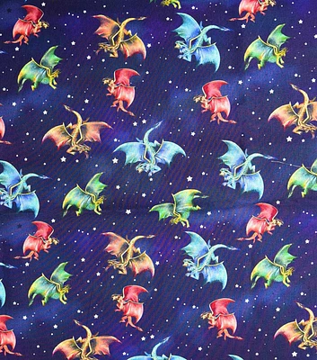 Dragons And Stars On Navy Novelty Print Fabric