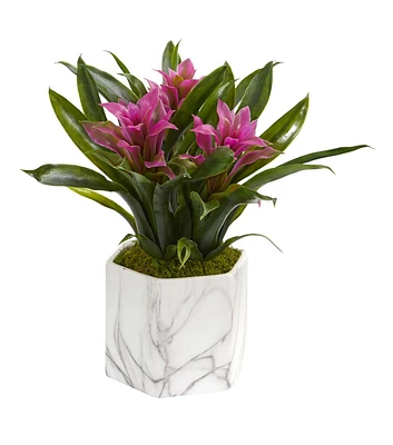 Nearly Natural 11" Bromeliad Artificial Plant in Marble Vase