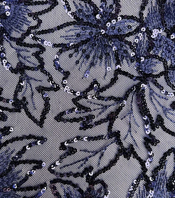 Navy Foliage Sequin Embroidered Mesh Fabric