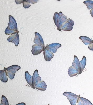 Blue Butterflies on White Mesh Fabric