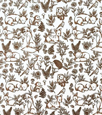 Forest Animals Sketched on White Nursery Cotton Fabric