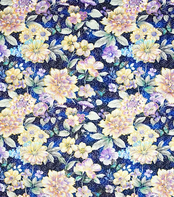 Metallic Dream World Floral on Blue Butterfly Premium Cotton Fabric