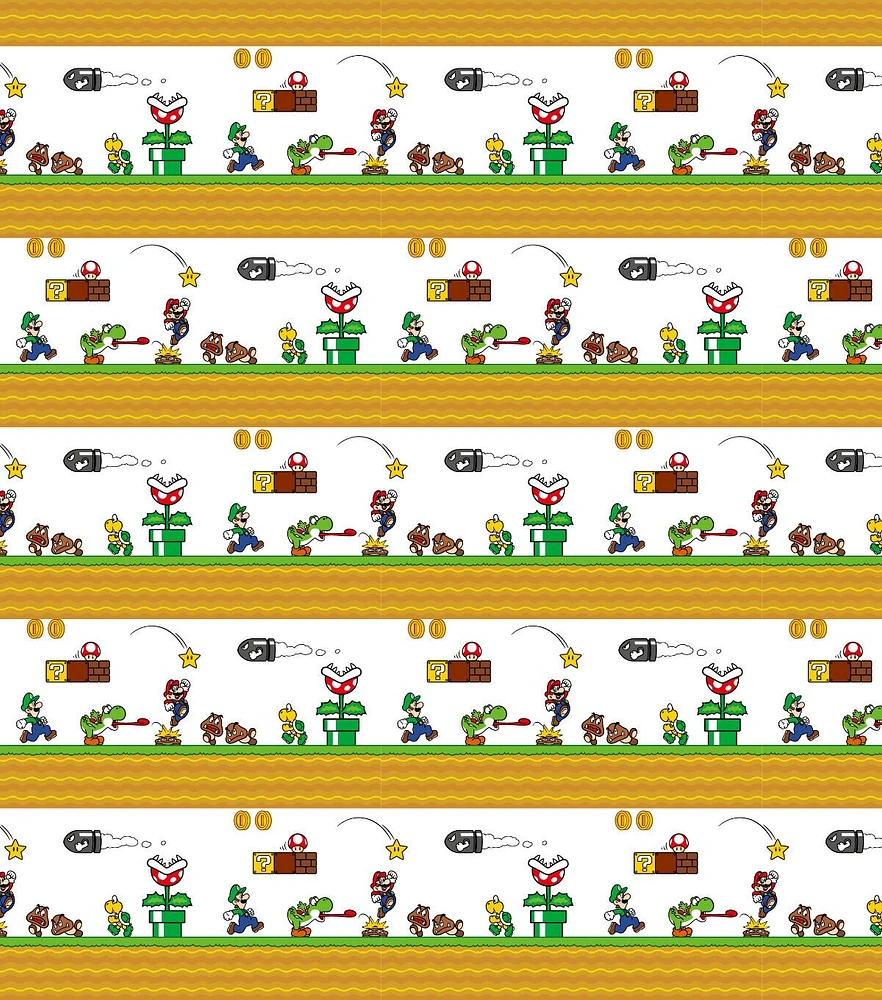 Super Mario Side Scroller on White Cotton Fabric