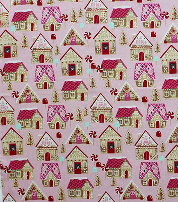 Gingerbread Village on Pink Christmas Glitter Cotton Fabric