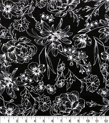 Black White Outline Floral Crinkle Rayon Fabric