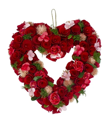 Northlight 10" Valentine's Day Red Wood Chip Rose Floral Heart Wreath