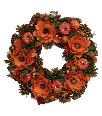 Northlight 13" Autumn Harvest Orange Flowers & Gourds Pine Cone Wreath