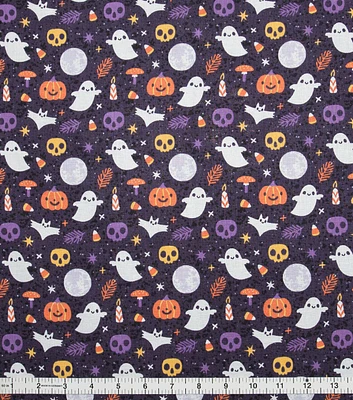 Happy Ghosts And Pumpkins On Black Halloween Cotton Fabric