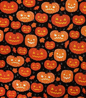 Orange Jack O Lanterns on Black Halloween Cotton Fabric