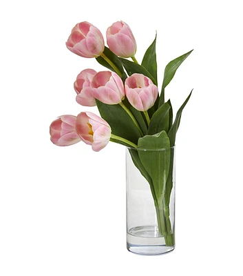 Nearly Natural 16" Tulip Artificial Arrangement in Cylinder Vase