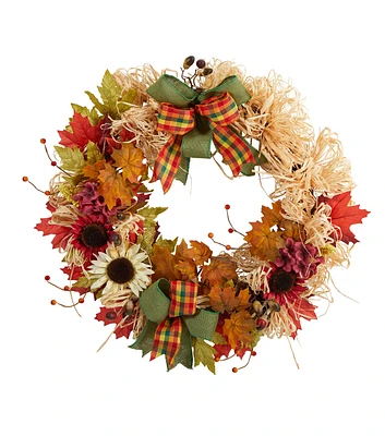 Nearly Natural 30" Sunflower Maple Leaves & Berries Fall Wreath With Bow