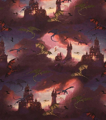 Dragons & Castles on Dark Blue Novelty Cotton Fabric