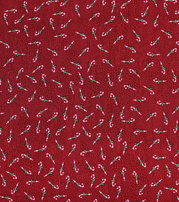 Candy Canes on Red Crackle Christmas Cotton Fabric