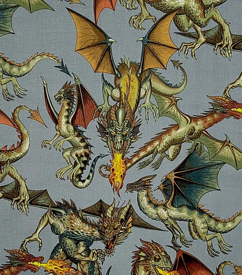 Alexander Henry Tale of The Dragons on Gray Premium Cotton Fabric