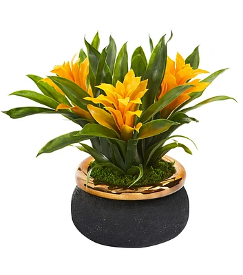 Nearly Natural 11" Spring Yellow Bromeliad Artificial Plant in Stoneware Planter