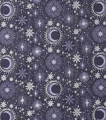 Moons & Stars on Purple Halloween Foil Cotton Fabric