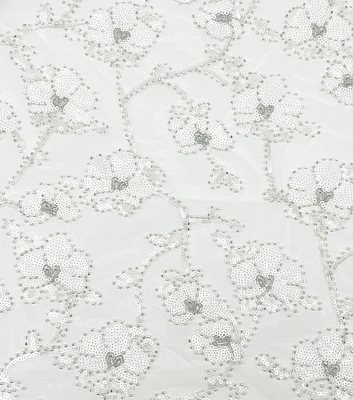 White Sequin Beaded Floral Mesh Fabric