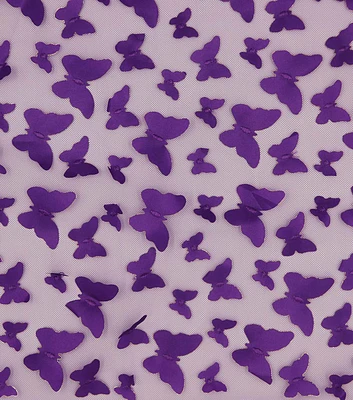 3D Butterflies on Purple Mesh Fabric