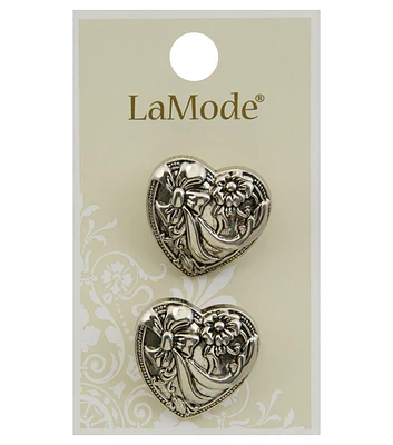 La Mode 1" Silver Flower Heart Buttons 2pk