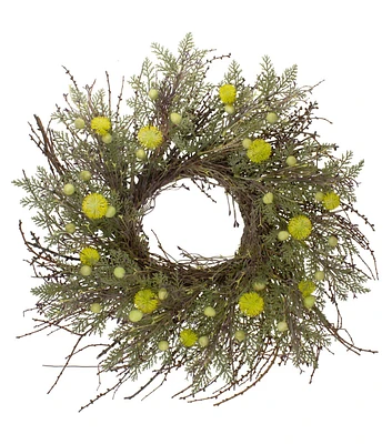 Northlight Burrs and Craspedia Artificial Wreath Yellow and Green 20"