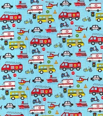 Transportation Vehicles on Blue Novelty Cotton Fabric