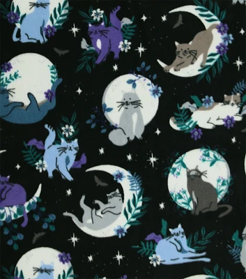 Floral Moon Cats on Black Anti Pill Plush Fleece Fabric