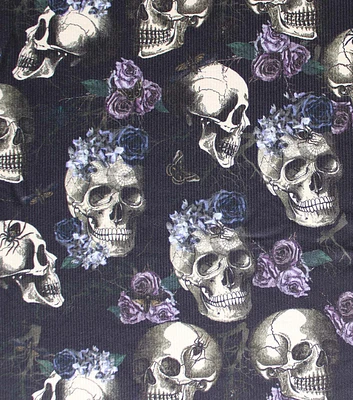 Dark Floral Skulls On Black Rib Knit Fabric