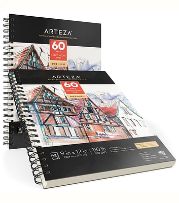 Arteza Mixed Media Pad Art Supply Pack 9''x12'' 60 Sheets 2pk