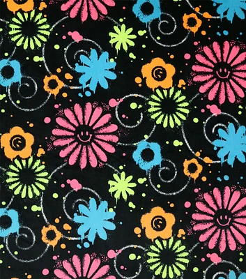 Neon Floral Swirls on Black Pure Plush Fleece Fabric