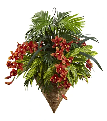 Nearly Natural 36" Mixed Tropical & Cymbidium Hanging Basket