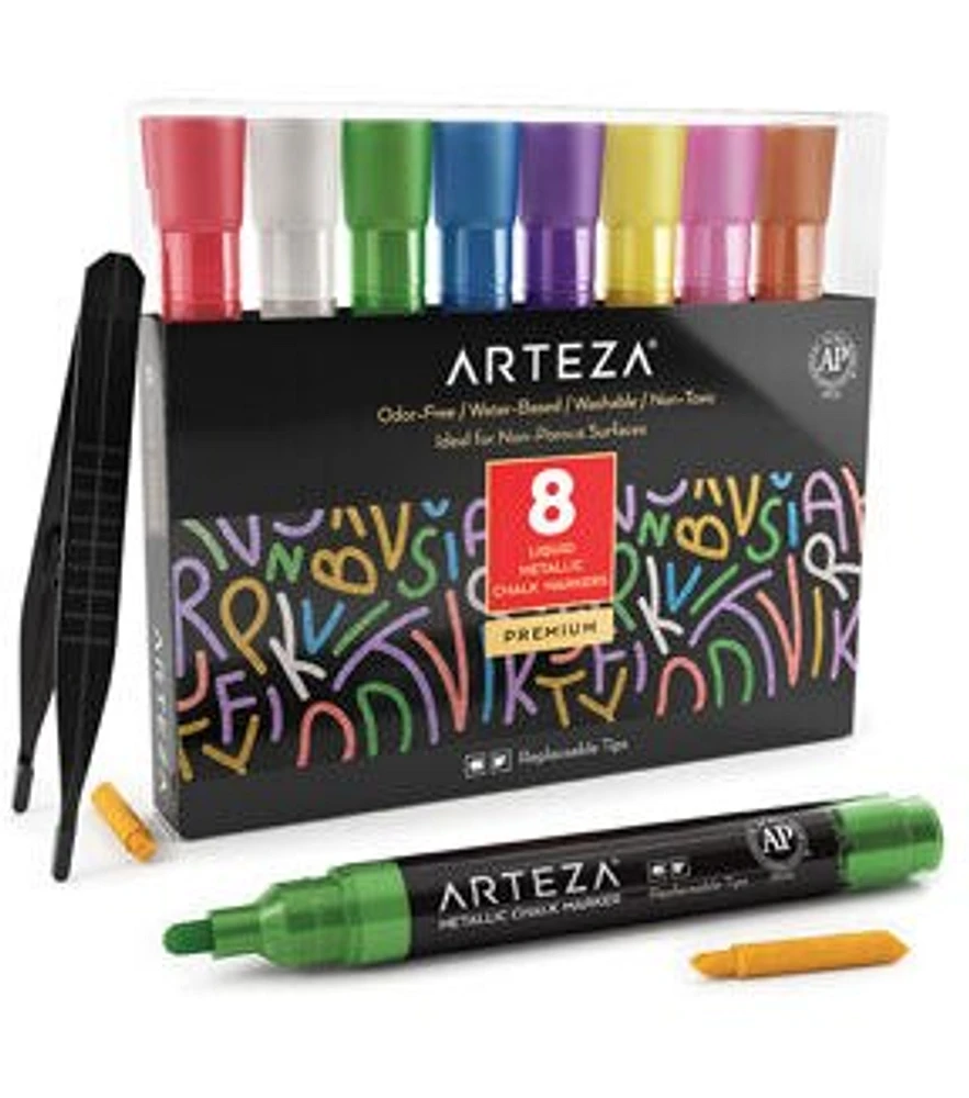 Arteza Liquid Chalk Markers, Metallic Tones - Set of 8