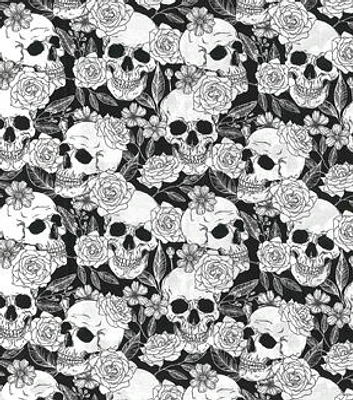 Black & White Skulls & Roses Novelty Cotton Fabric