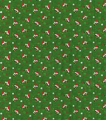 Santa Bees on Green Christmas Cotton Fabric