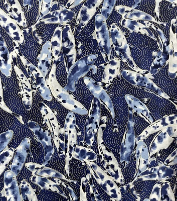 Koi Fish Swimming on Dark Blue Metallic Premium Cotton Fabric