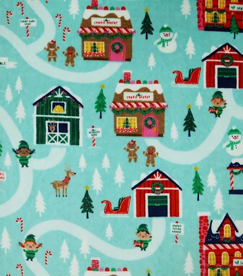 North Pole Village on Blue Sew Lush Fleece Fabric by POP!