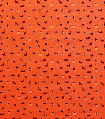 Halloween Cats In Pumpkins on Orange Cotton Fabric