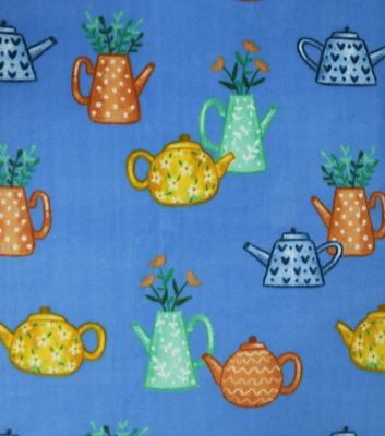 Home Grown Flower Tea Pots on Blue Anti Pill Fleece Fabric