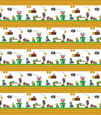 Super Mario Side Scroller on White Cotton Fabric