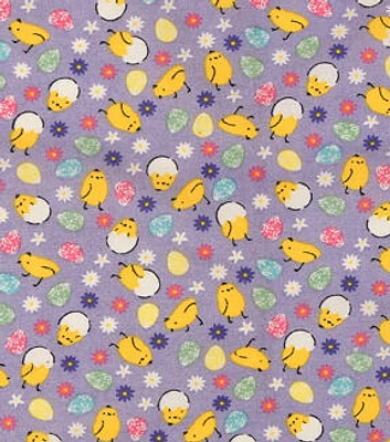 Chicks & Eggs on Purple Easter Cotton Fabric