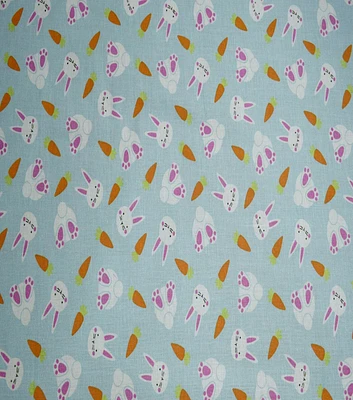 Bunnies & Carrots on Blue Easter Cotton Fabric