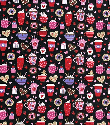 Valentine's Day Sweets on Black Cotton Fabric