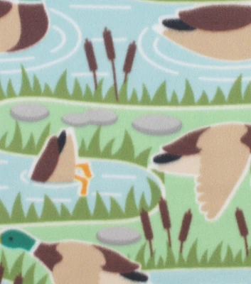 Mallard Duck Pond on Green Blizzard Fleece Fabric