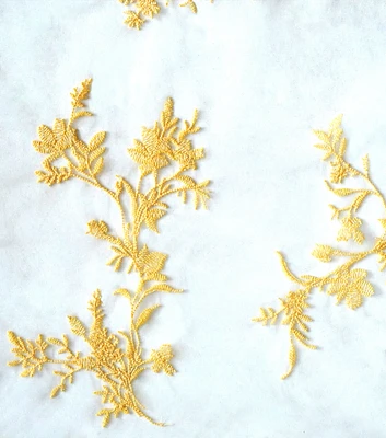 Yellow & White Embroidered Floral Mesh Fabric