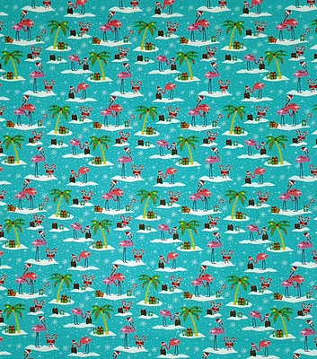 Flamingos With Presents on Blue Christmas Cotton Fabric